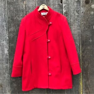 Vintage 80s Beau Brem Ladies Red Wool Quilted Detail High Collar Overcoat L-XL